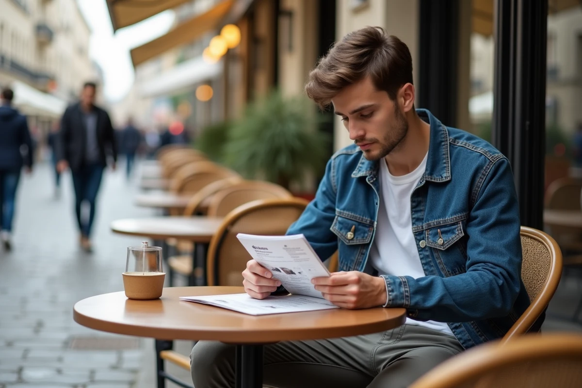 Jeune homme lisant une brochure de box dans un café parisien