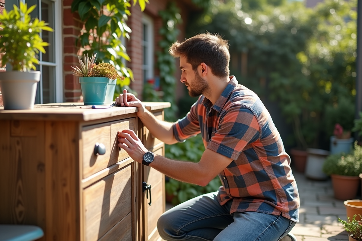 Jeune homme peignant un meuble en bois en extérieur