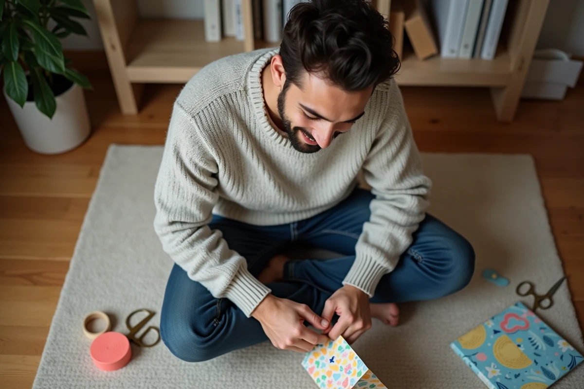 Jeune homme plie un papier coloré sur un tapis de salon
