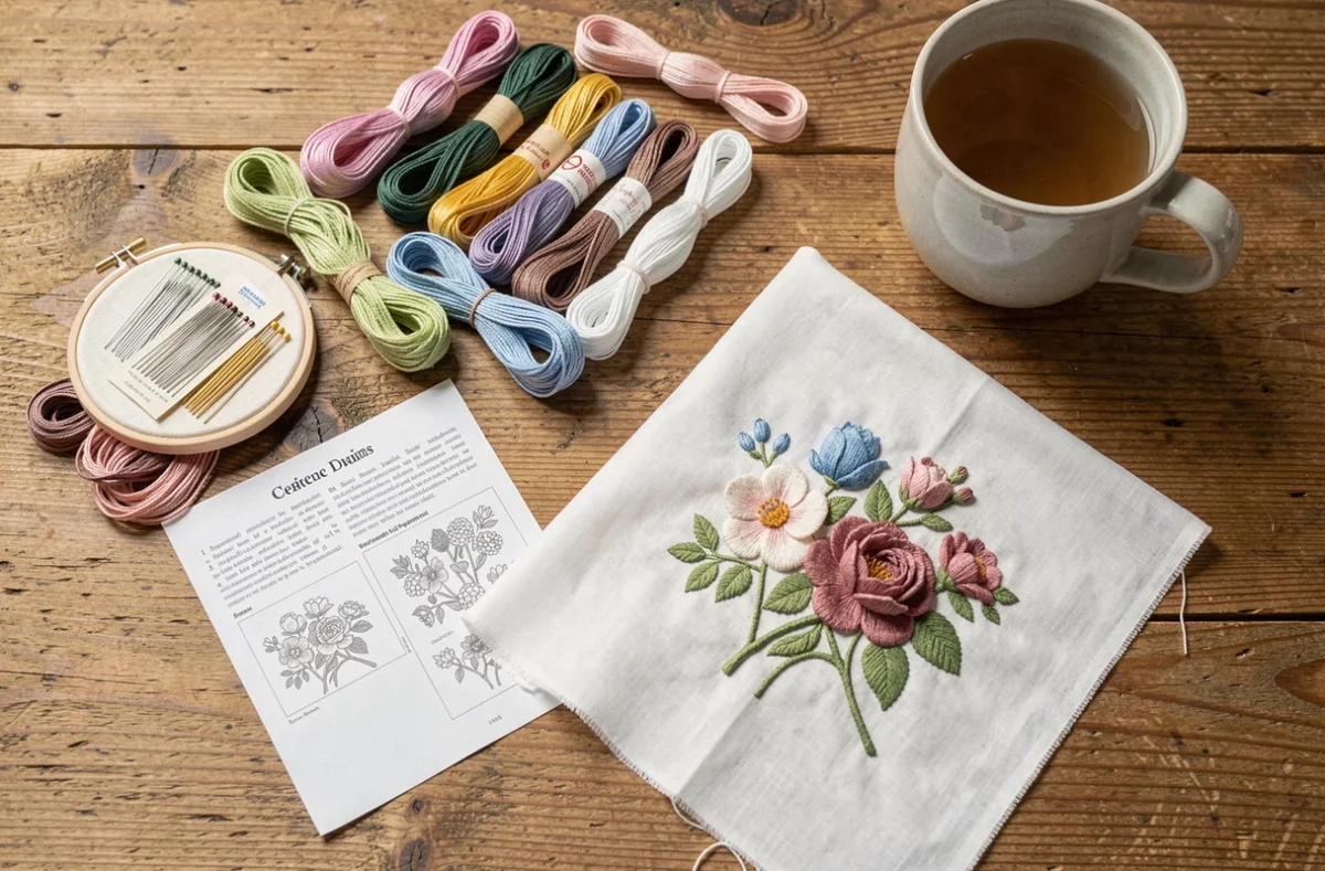 Vue de dessus d'un kit de broderie débutant sur une table en bois avec fils colorés, tambour et tissu coton brodé de motifs floraux