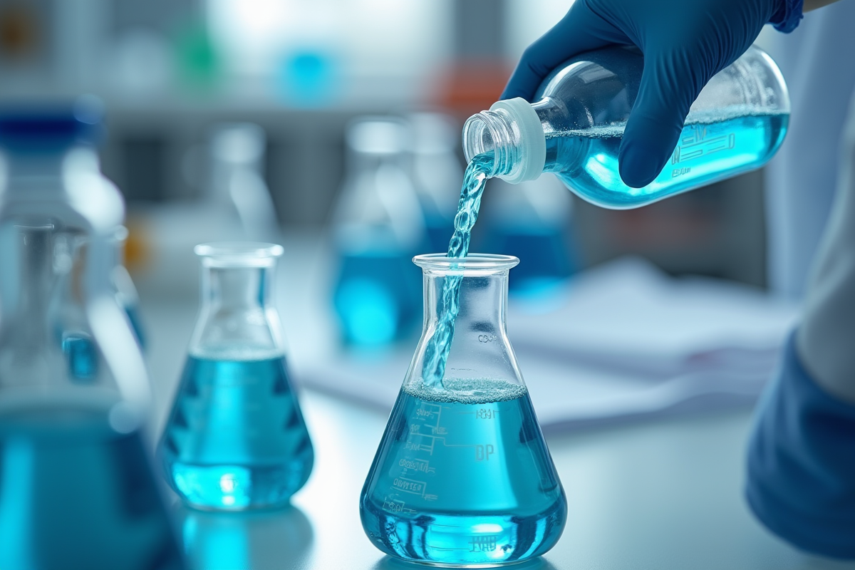 Main gantée versant liquide bleu dans un bécher en laboratoire