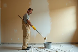 Artisan peintre en train de lessiver un mur intérieur avec un balai éponge et eau savonneuse avant peinture