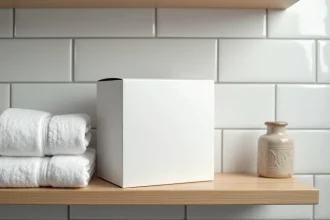 Boîte de lessive en poudre posée sur une étagère en bois dans une buanderie propre et organisée, entourée de serviettes en coton blanc