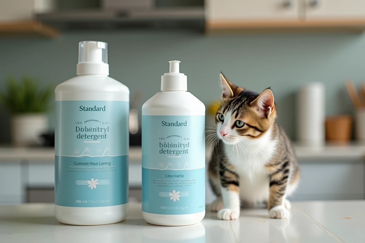 Comparaison entre une lessive classique et un produit de nettoyage sécurisé pour animaux sur un plan de travail de cuisine avec un chat curieux