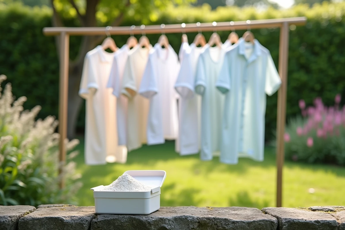 Chemises propres et colorées séchant sur un étendoir en bois dans un jardin, avec une boîte de lessive en poudre posée sur une margelle en pierre