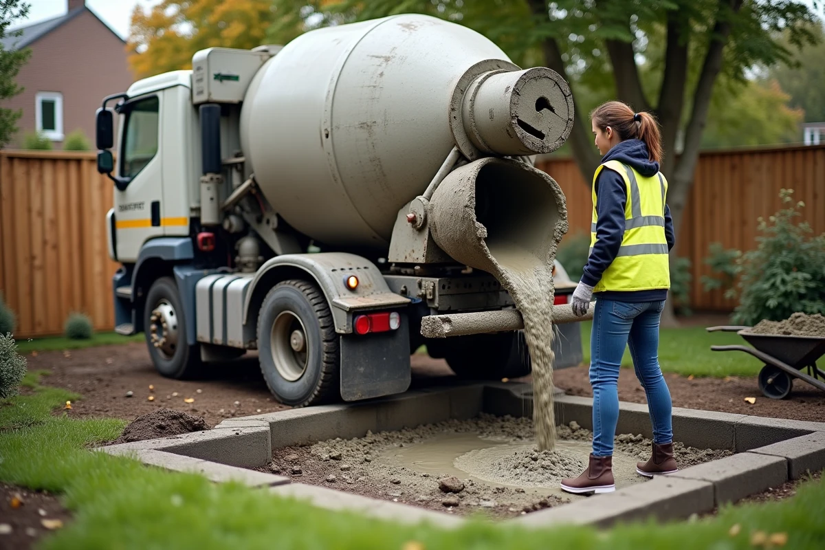 Femme supervise la livraison de beton dans un jardin