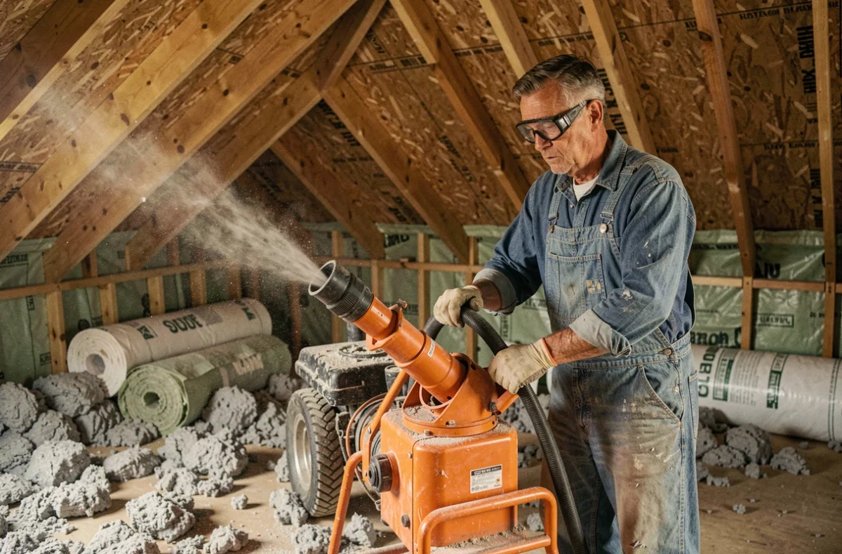 Homme utilisant une souffleuse à ouate de cellulose en location dans un grenier en chantier avec des chevrons en bois apparents