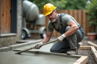 Maçon professionnel en train de lisser une dalle béton fraîchement coulée sur un chantier résidentiel