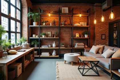 Boutique de décoration industrielle chic à Lyon avec murs en briques apparentes, étagères en acier brut et meubles en bois recyclé