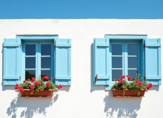 Couleur des volets pour repousser la chaleur : astuces et tendances Façade d'une maison méditerranéenne avec volets bleus fermés et fleurs
