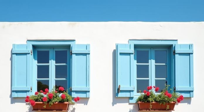 Façade d'une maison méditerranéenne avec volets bleus fermés et fleurs