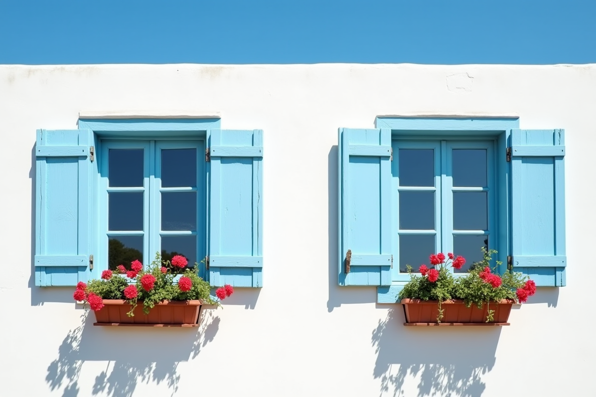 Façade d'une maison méditerranéenne avec volets bleus fermés et fleurs