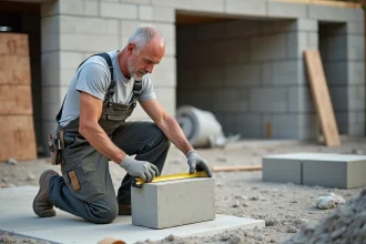 Maçon mesurant une brique en extérieur sur un chantier