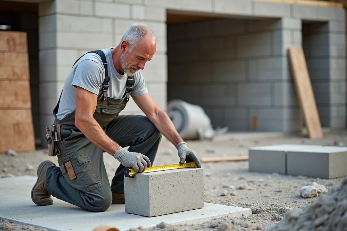 Maçon mesurant une brique en extérieur sur un chantier