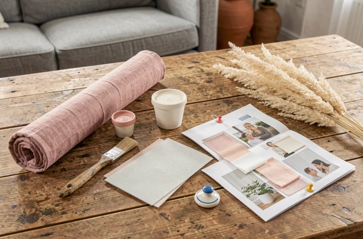 Matériaux de relooking de salon à petit budget disposés en flat lay sur une table en bois brut