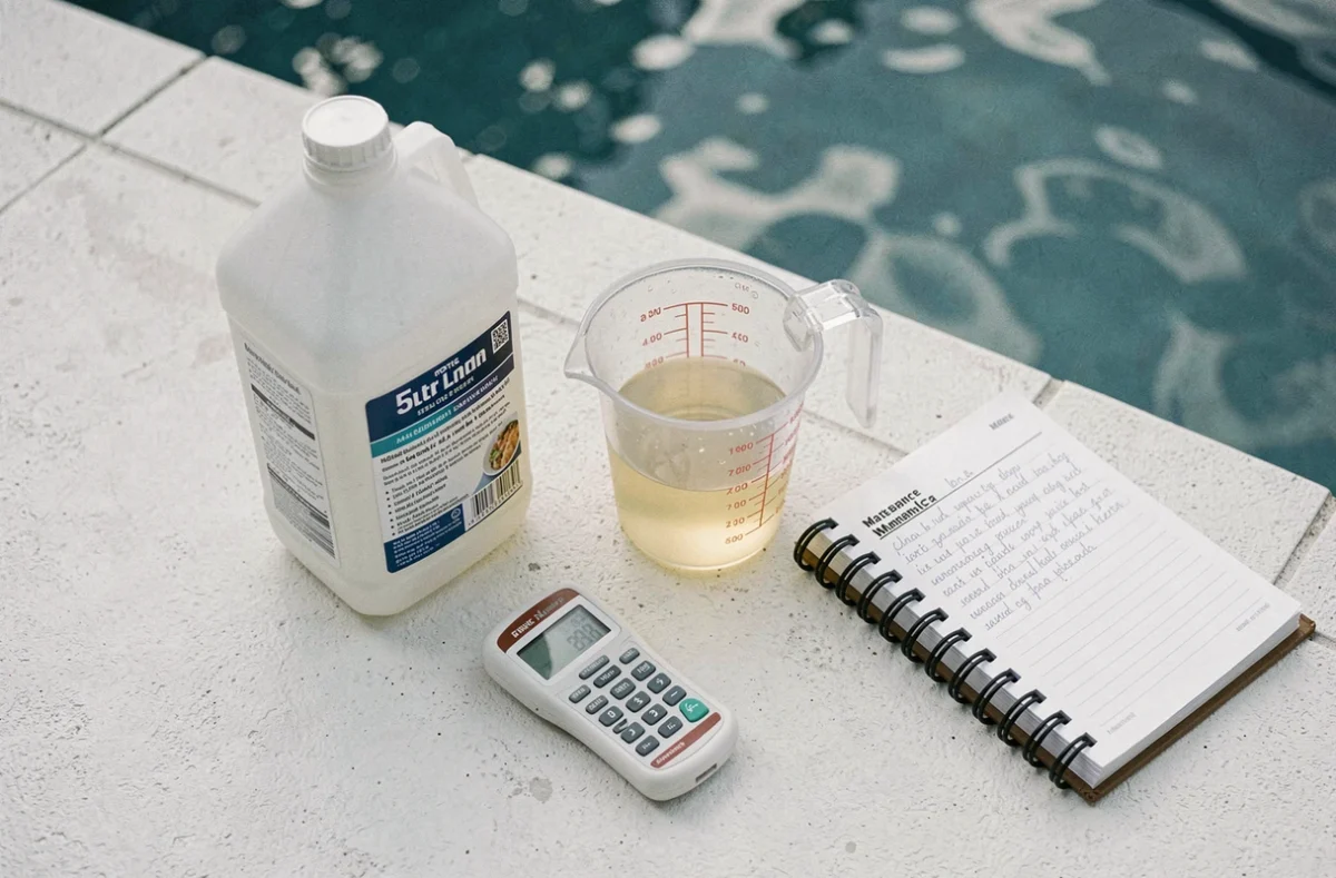 Gros plan sur un bidon de javel, un verre doseur et un kit d'analyse de l'eau au bord d'une piscine
