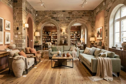Showroom de décoration d'intérieur en Gironde avec mobilier contemporain français, parquet chêne et murs en pierre