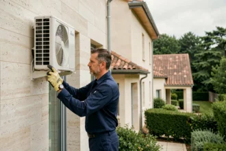 Technicien climatisation professionnel devant une maison en Indre-et-Loire, représentant le classement des meilleurs installateurs de climatisation 2026