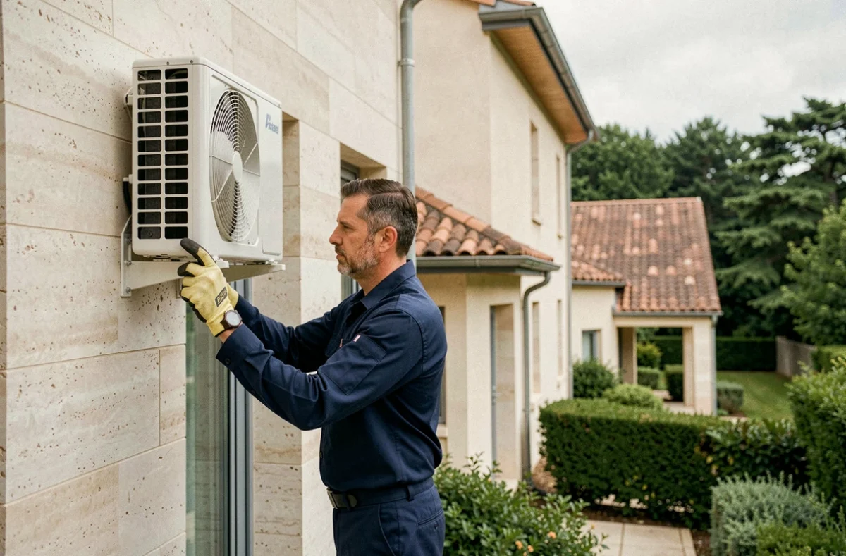 Technicien climatisation professionnel devant une maison en Indre-et-Loire, représentant le classement des meilleurs installateurs de climatisation 2026