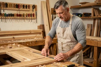 Menuisier professionnel mesurant un panneau de porte en bois sur mesure dans un atelier de menuiserie artisanale