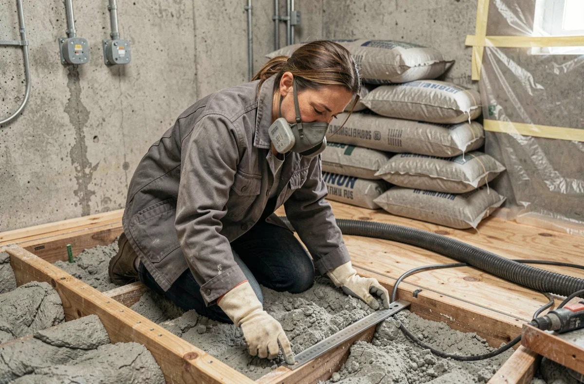 Femme mesurant l'épaisseur de la ouate de cellulose insufflée entre des solives de plancher lors d'une rénovation DIY en sous-sol