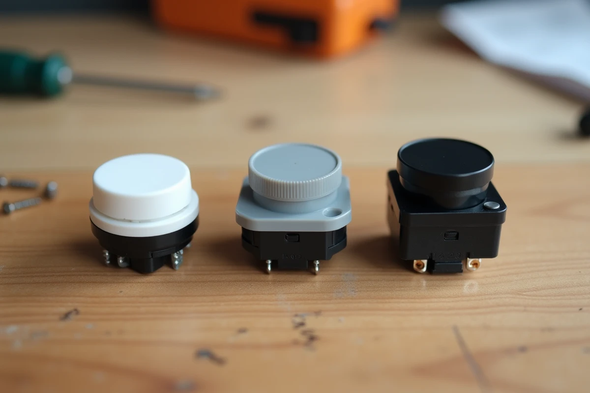 Différents modèles de boutons poussoirs électriques blanc gris et noir disposés sur un établi en bois