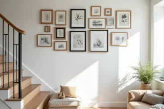 Mur cage escalier décoré d'un gallery wall avec cadres assortis en bois naturel et noir dans une maison scandinave moderne
