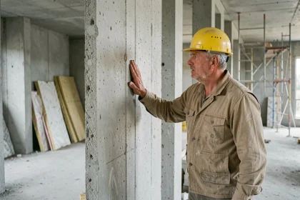 Ouvrier examinant un mur de refends en béton dans un chantier de construction résidentiel