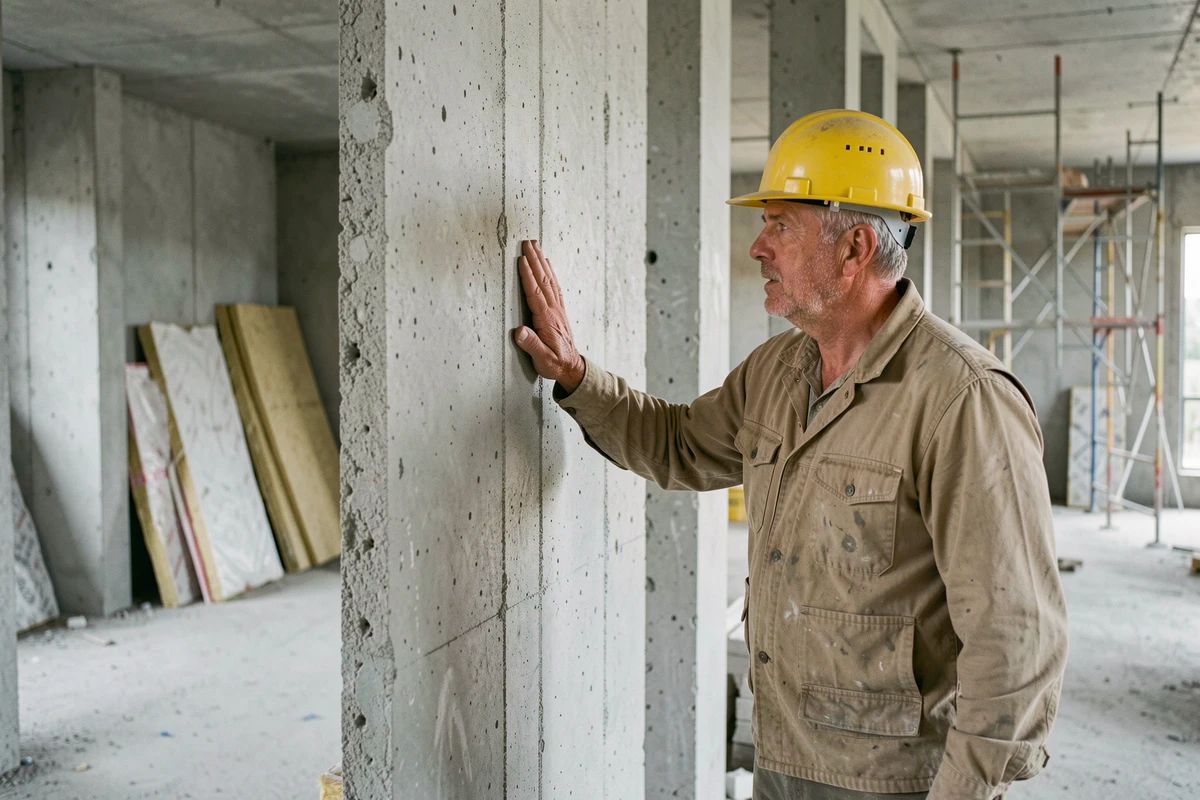 Ouvrier examinant un mur de refends en béton dans un chantier de construction résidentiel