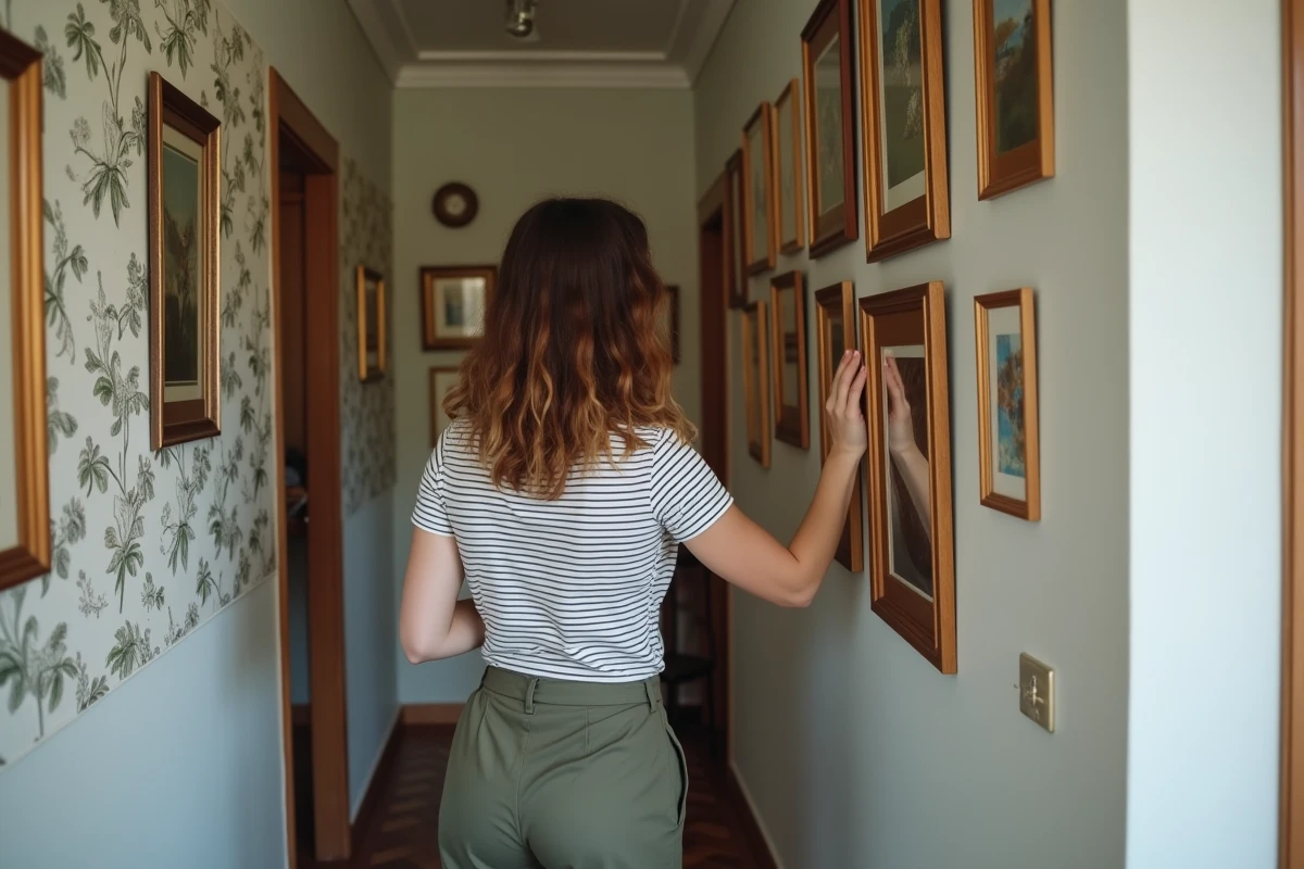 Femme créant un mur de cadres mélangés dans un couloir d'appartement avec une décoration existante et un parquet en chevrons