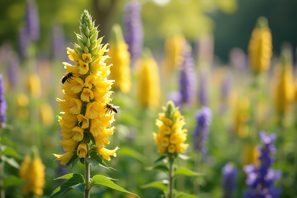 Nepeta en pleine floraison avec abeilles dans un jardin d