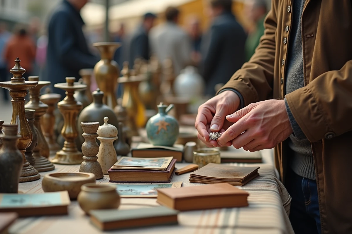 Gros plan sur des objets de collection et bibelots vintage exposés sur une table de vide grenier à Montpellier