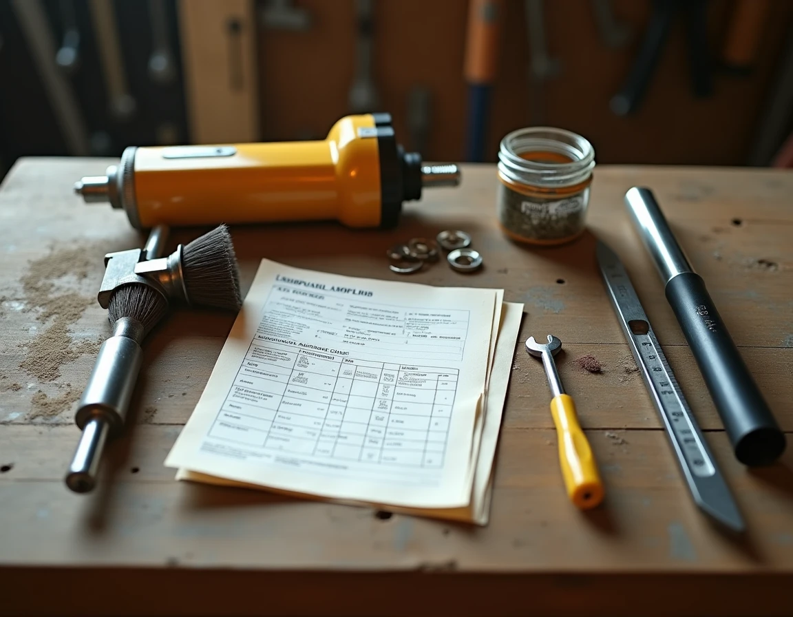 Vue en plat de pose des outils et matériaux d'entretien pour scellements au ciment chimique sur un établi de professionnel