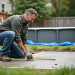 Ouvrier vérifiant une dalle de béton dans un jardin