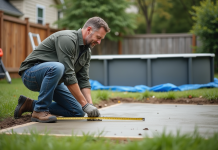 Ouvrier vérifiant une dalle de béton dans un jardin