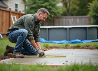 Ouvrier vérifiant une dalle de béton dans un jardin