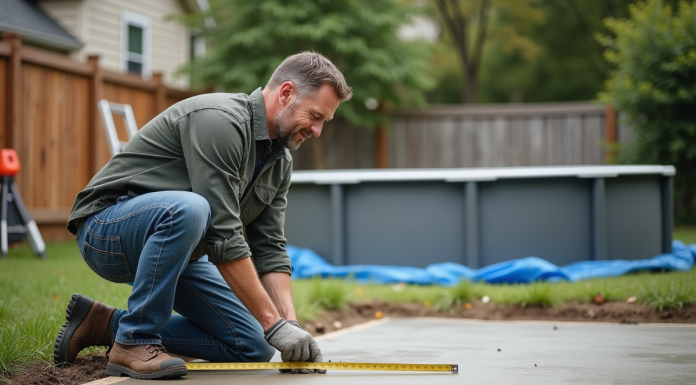 Ouvrier vérifiant une dalle de béton dans un jardin