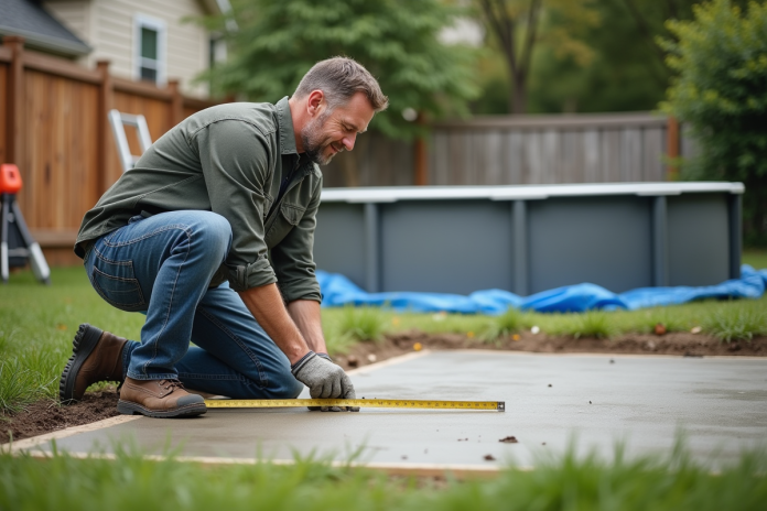Ouvrier vérifiant une dalle de béton dans un jardin