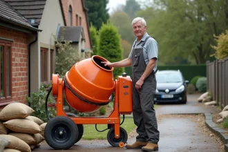 Ouvrier en overalls près d'une betonnière orange sur une allée
