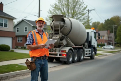 Ouvrier en vest orange près d’un camion de beton