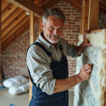 Stopper les ponts thermiques : solutions pour les éviter à travers les chevrons Ouvrier en overalls posant l'isolation dans un grenier en rénovation