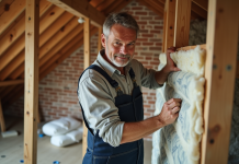 Stopper les ponts thermiques : solutions pour les éviter à travers les chevrons Ouvrier en overalls posant l'isolation dans un grenier en rénovation