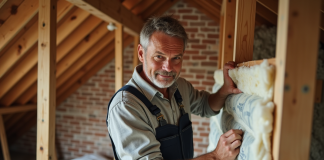 Stopper les ponts thermiques : solutions pour les éviter à travers les chevrons Ouvrier en overalls posant l'isolation dans un grenier en rénovation