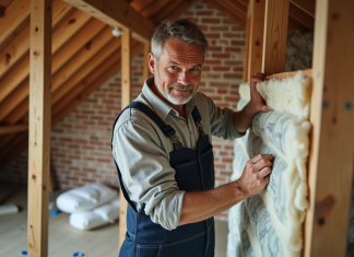 Stopper les ponts thermiques : solutions pour les éviter à travers les chevrons Ouvrier en overalls posant l'isolation dans un grenier en rénovation