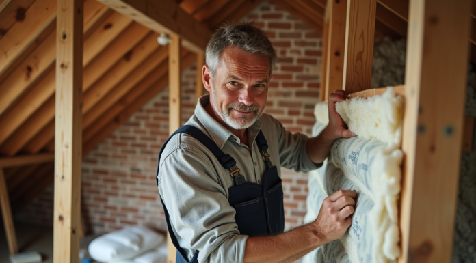 Stopper les ponts thermiques : solutions pour les éviter à travers les chevrons Ouvrier en overalls posant l'isolation dans un grenier en rénovation