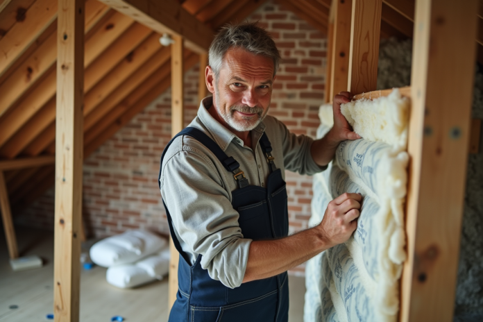 ouvrier-isolation-charpente Ouvrier en overalls posant l'isolation dans un grenier en rénovation