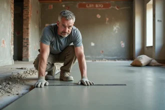 Ouvrier lissant une chape béton fraîchement coulée dans une pièce intérieure en rénovation