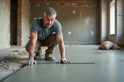 Ouvrier lissant une chape béton fraîchement coulée dans une pièce intérieure en rénovation