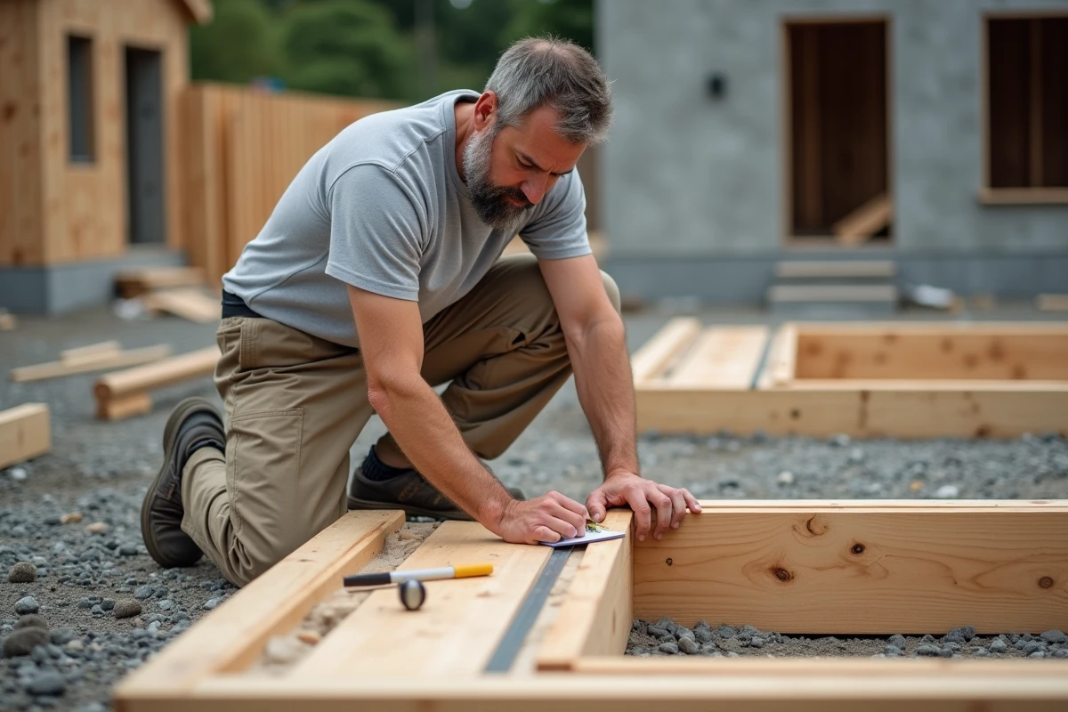 Ouvrier mesurant un coffrage en bois sur un chantier