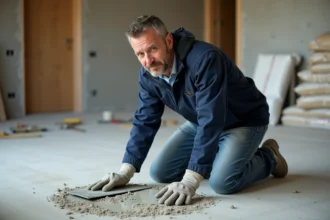 Ouvrier professionnel appliquant mortier sur sol intérieur